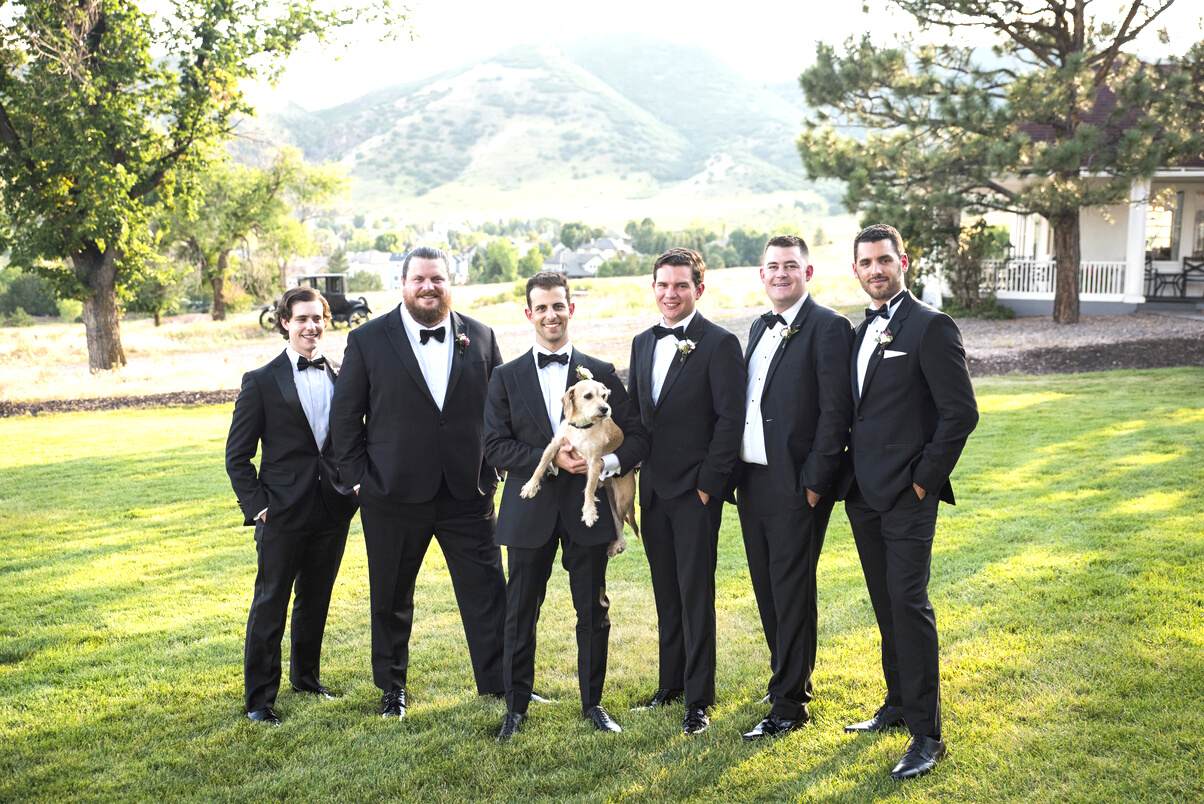 A group of groomsmen in formal attire pose for a photo with their dog.